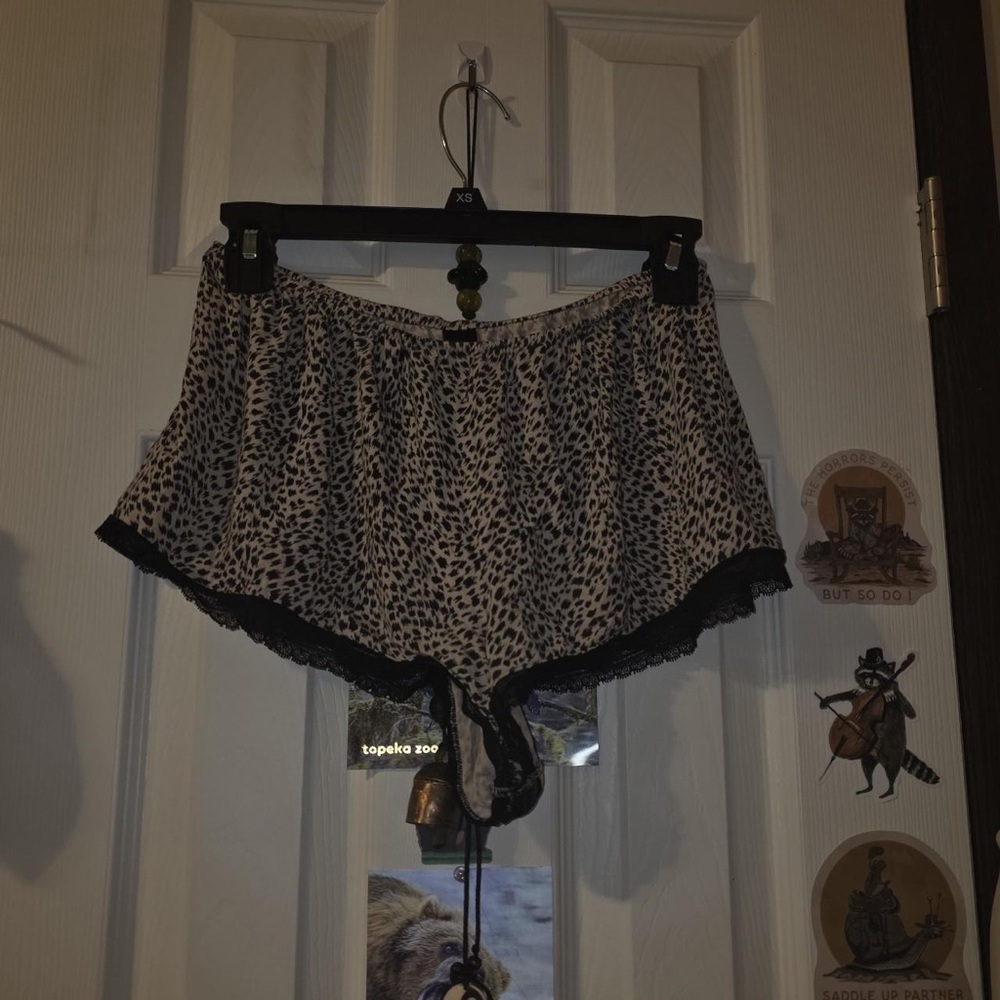Leopard Print Satin Sleep Shorts with Black Lace Trim - Women